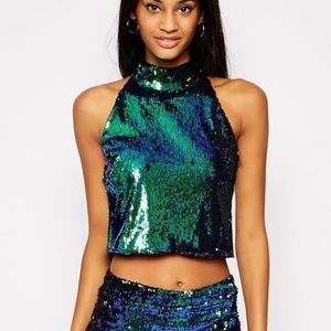 High neck halter sequin cropped top